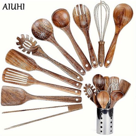 1 stk. Køkkenredskabssæt med Holder, Køkkenredskaber i Træ til Madlavning, Træslev Naturlige Teaktræskeer til Madlavning