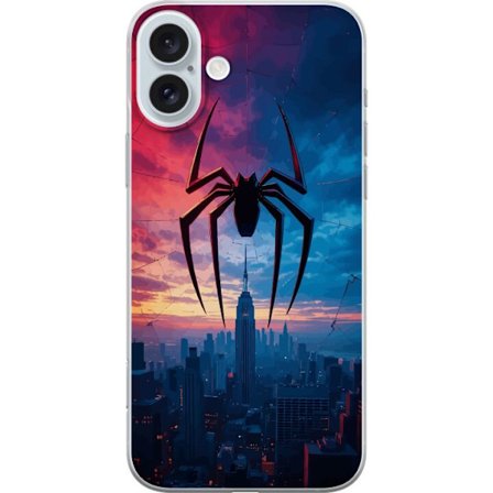 Yhteensopiva Puhelinkuori Apple Apple iPhone 16 Plus Tyylikäs hämähäkki kaupungin horisontin yläpuolella dramaattisessa auringonlaskussa, graafin