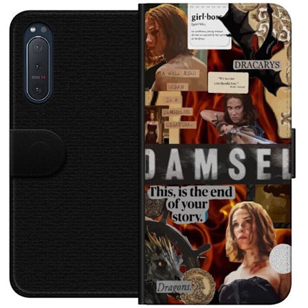 Kompatibelt Plånboksfodral till Sony Sony Xperia 5 II Damsel-inspirerat collage med stark kvinnlig krigare, drakar, eld, svärd och citat, mörk fant