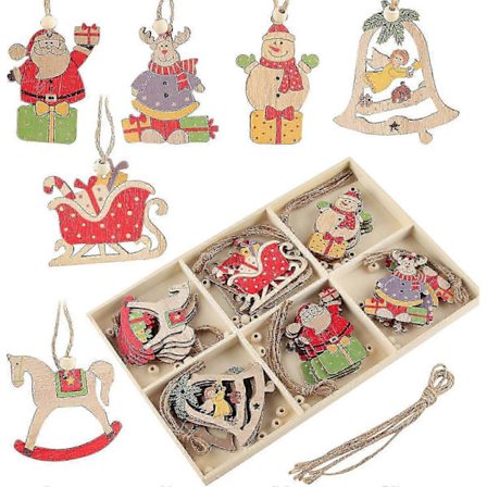 Julgransdekoration i trä, färgglad dekorativ träflis med förvaringslåda med 6 fack_tfrf