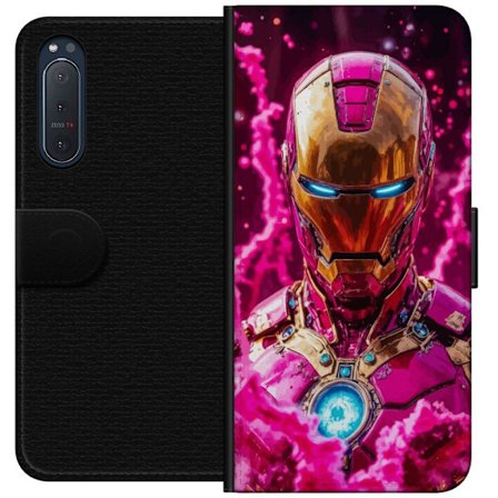 Kompatibelt Lommeboketui til Sony Xperia 5 II Klosset grønn figur i pikselert fantasiverden med trehus og dyr i retro spillmiljø