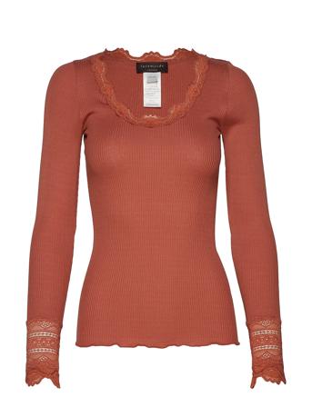 Silk T-Shirt W/ Lace T-shirts & Tops Long-sleeved Brun Rosemunde*Betinget Tilbud