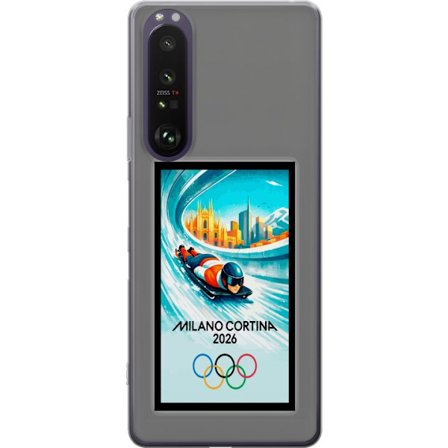 Yhteensopiva Puhelinkuori Sony Xperia 1 III Dynaaminen kelkkailija tai skeleton-ajaja jääkanavalla Milanon Cortina 2026 kanssa, kaupunkinäkymä ja olym