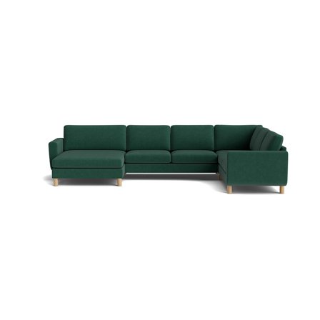 Vendbar Ontario Grøn U-sofa - Komfortabel hjørnesofa med chaiselong - 361x255x86cm - Grøn U-sofa med vendbar chaiselong & Ege ben