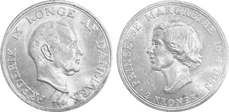 Danmark 1958 - Prinsesse Margrethe 18 år - 2 kr. sølvmønt
