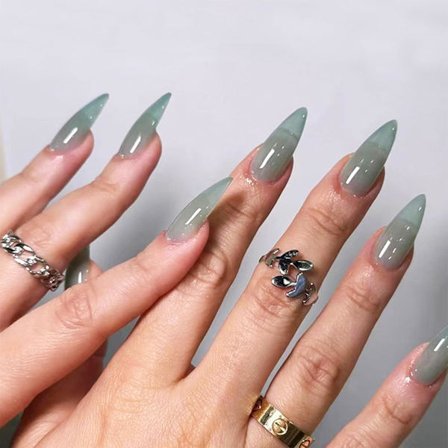 Jade Grön Press on Naglar 24st för DIY Manikyr Medium Mandel Glansig Ljusgrön Falska Naglar Smaragdgrön Falska Naglar Gel Lim på Naglar Stick on Nagel