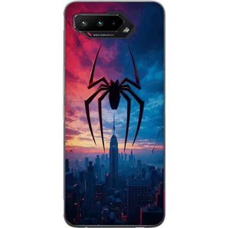 Yhteensopiva Puhelinkuori Asus Asus ROG Phone 5 Tyylikäs hämähäkki kaupungin horisontin yläpuolella dramaattisessa auringonlaskussa, graafinen fa