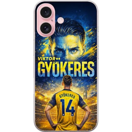 Yhteensopiva Puhelinkuori Apple Apple iPhone 16 Viktor Gyökeres jalkapallojuliste keltaisella ja sinisellä värimaailmalla, dramaattinen stadiontaus