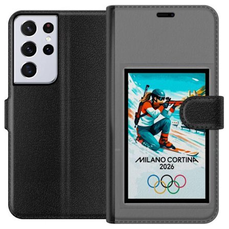 Kompatibelt Lommeboketui til Samsung Galaxy S21 Ultra 5G Retroplakat Cortina Milano 2026 med fjell, vintersportsutøvere, italienske trikolor, Milano-k