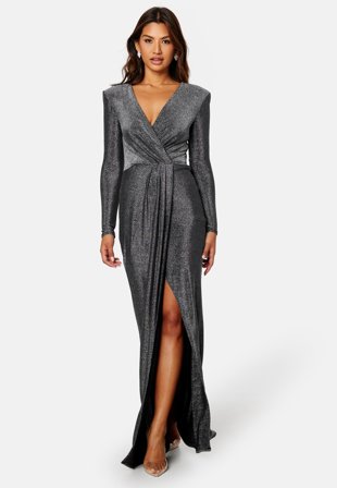 Goddiva Long Sleeve Glitter Maxi Dress Black/Silver Klær