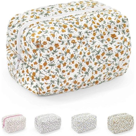 Lille Makeup Taske, Bærbar Toilet Taske i Bomuld, Quiltet Blomstret Kosmetik Taske Vaskeorganisator Etui til Kvinder Piger Damer Orange