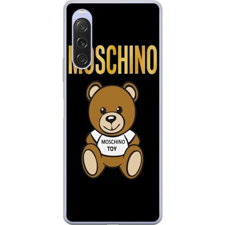 Kompatibelt Mobilskal till Sony Sony Xperia 10 V Moschino-inspirerad nallebjörn med text på tröjan, centrerad mot svart bakgrund med tydlig mode- o