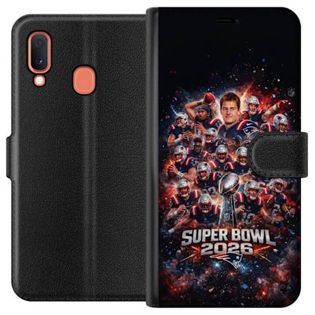 Yhteensopiva Lompakkokotelo Samsung Galaxy A20e Super Bowl 2026 juliste, jossa New England Patriots ja NFL-mestaruuspalkinto räjähtävän urheilullisess