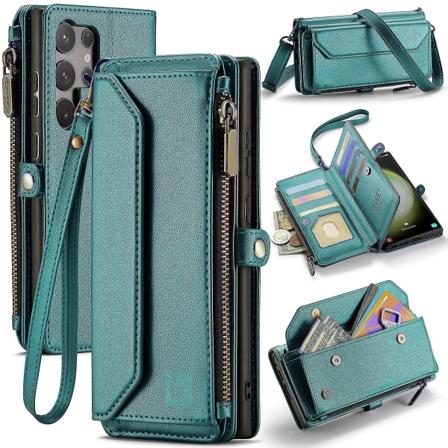 Samsung Galaxy S24 Ultra Case -lompakko, Magneettinen Sulku 360 Täysin iskunkestävä Pudotusvaimennus Heavy Duty Case green