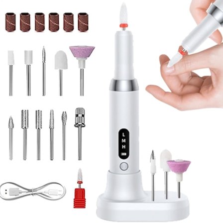 Bærbar Elektrisk Neglefil med 17 Tilbehør til Negle, 3 Hastighedsindstillinger, Lavt Støjniveau, til Manicure og Pedicure