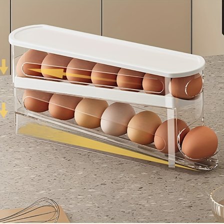 2-lags automatisk skyve egg oppbevaringsboks, kjøleskapsdør eggholder med flip-top design for 12-14 egg