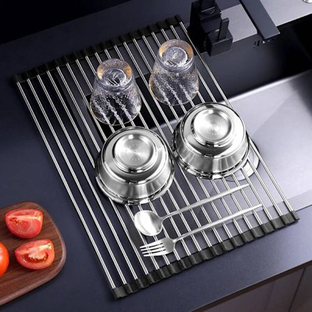 Foldbart opvaskestativ i rustfrit stål til vask 43 x 35 cm Sort Multifunktionelt aftageligt til tørring af frugt, grøntsager og tallerkener