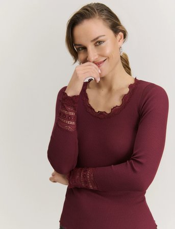 Rosemunde Rwbenita Silk Ls O-Neck Lace T-Shir - Burgundy - XS