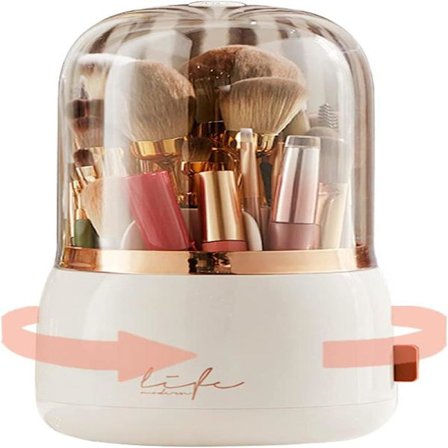 Makeup Brush Holder with Lid, 360° Rotating Dustproof Makeup Brush Organizer, Cosmetic Storage for Vanity and Bathroom