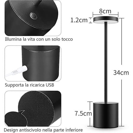 Fong Wireless Table Lamp, Rechargeable Battery, 2 Brightness Levels, Metal Bedside Lamp, For Living Room, Bedroom, Office, Studio (black)
