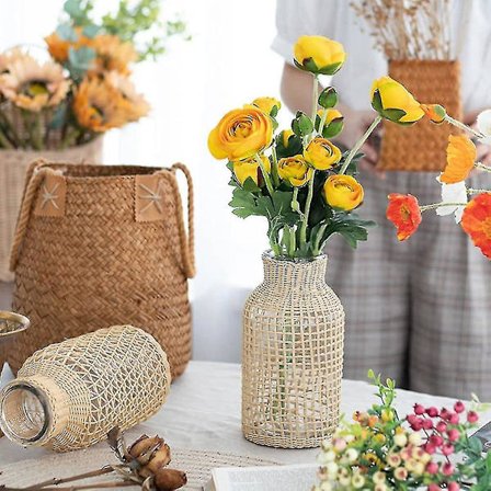 Glas Blomster Vase Med Rattan Dæksel Blomsterknoppen Vase Rund Dekorativ