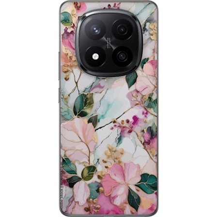 Kompatibel Mobilcover til Xiaomi Redmi Note 14 Pro+ Abstrakt marmormønster med blomster, blade og gyldne detaljer i bløde pastelfarver