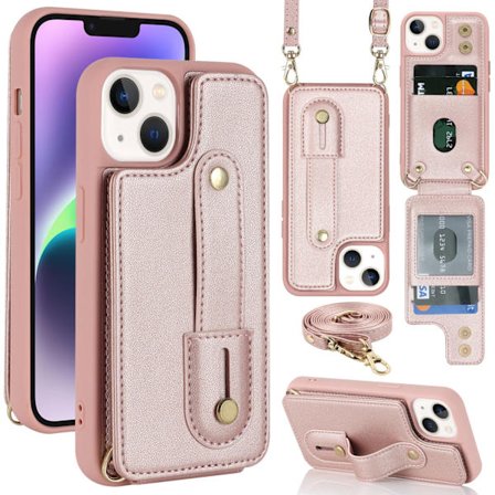 iPhone 14PROMAX, crossbody etui med rem og stativ (pink)