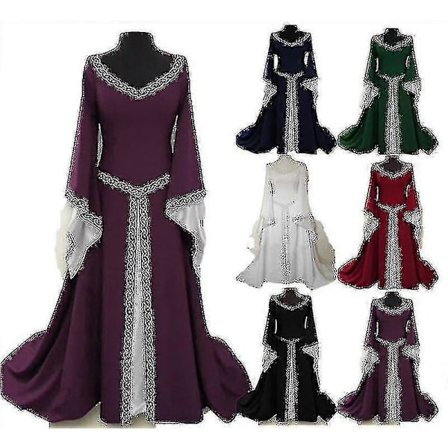 Klassisk Lang Middelalderlig Dame Halloween Party V-hals Slim Fit Flare Ærme Kjolefyfs1983164 3XL
