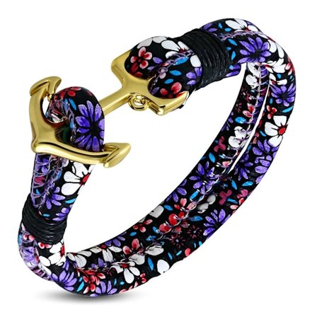 Rep / PU Läder Armband / Läderarmband med Blommigt Mönster & Ankare i Guld Färg
