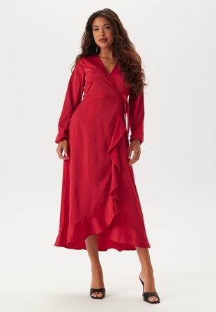 Happy Holly Wrap L/S Satin Maxi Dress Klær