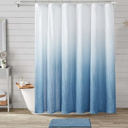 180 x 180 cm Ombre Textured Duschdraperi med Matta för Badrum, Triumph Vattentät Duschdraperi med 12 Metallkrokar Blå