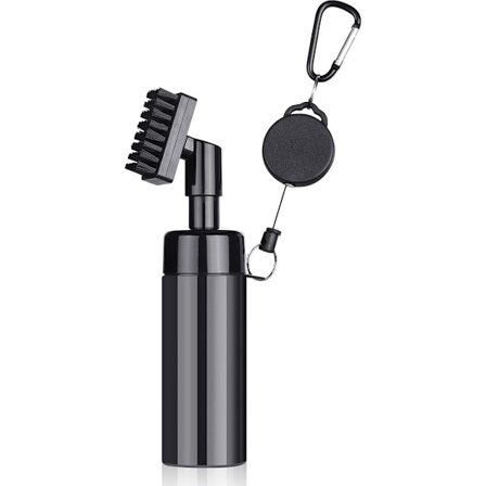 Golfklubbsborste och spårrengöringsverktyg med läckagesäker förvaringsbehållare, klämflaska, borsthuvud och karbinhake