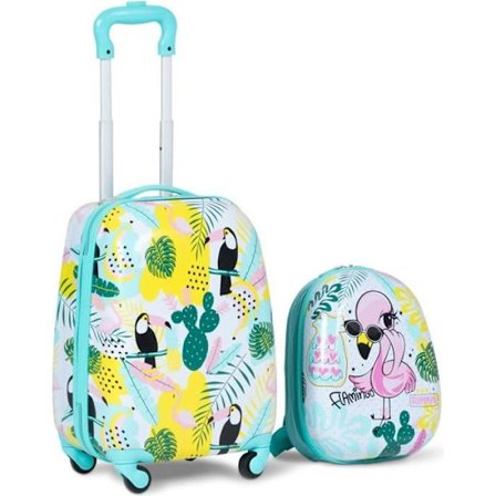 COSTWAY barnväska på hjul 16'' barnbagage + 12'' Flamingo barnryggsäck