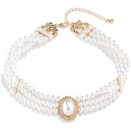 Bryllupssett perlekjede 3 rader simulerte perler rhodiumbelagt