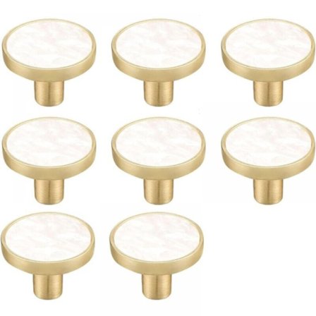 Sæt med 8 runde hvide marmorerede messingknopper til skabe - Hvide dekorative skuffeknopper - Gyldne kommodeknopper til køkkenmøbler, tøj til cl