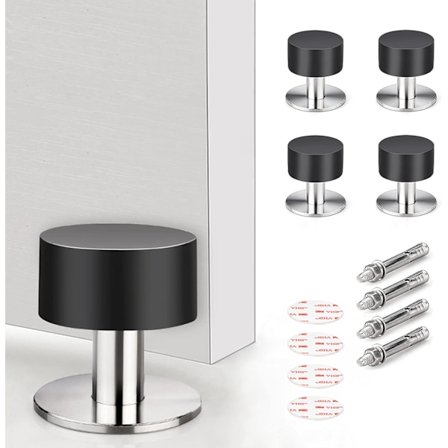 Dörrstopp, 4-pack, vägg- och golvmonterad, rostfritt stål, 3M-tejp, ljuddämpande, gummiovansida, enkel att installera