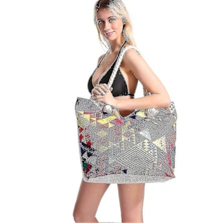 Stor strandväska för kvinnor, vatten- och sandtålig tygväska med innerficka och dragkedja