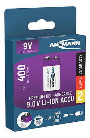 ANSMANN Batterii 9Vx1 Oppladbart USB-C med ladekabel