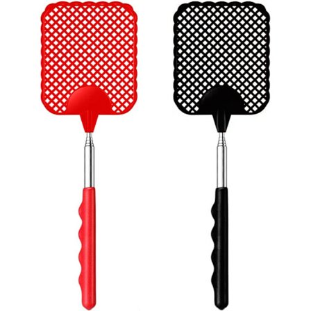 Laajennettavat kärpäslätkät, 2 kpl, teleskooppisilla ruostumattomasta teräksestä valmistetuilla varsilla (26,5 cm - 75 cm), (musta ja punainen)