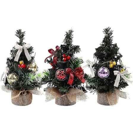 3 stk små kunstige juletre med frost, juletrestativ, mini juletre