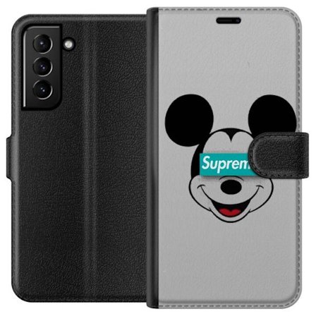 Samsung Galaxy S21+ 5G Tegnebogsetui Mickey Mouse ansigt med Supreme logo streetwear inspireret popkunst design perfekt til fans af mode, kultur og ik