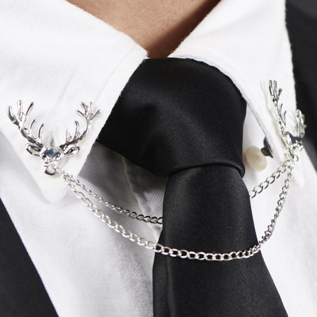 Lanț de guler argintiu cu cap de cerb pentru bărbați - Ace de guler