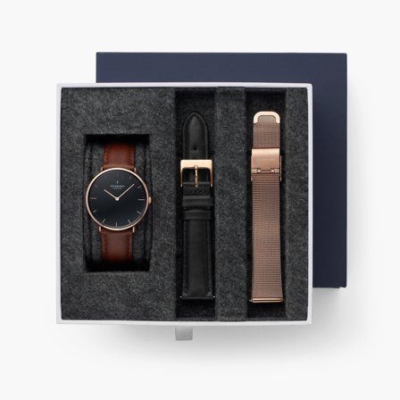 Nordgreen Minimalistist Slim Women's Watch - Black Dial - Rose Gold Case - Brown Leather / Black Leather / Rose Gold Mesh 32mm Straps Native White 