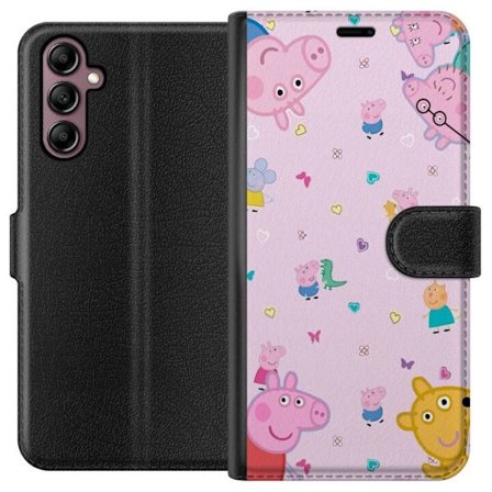 Kompatibelt Lommeboketui til Samsung Galaxy A14 5G Peppa Gris med en baby i armene, mamma gris motiv i fargerik og myk barneillustrasjon med hjerter