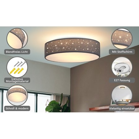 Loftlampe i stof 30 cm grå – E27-fatning, blændfri