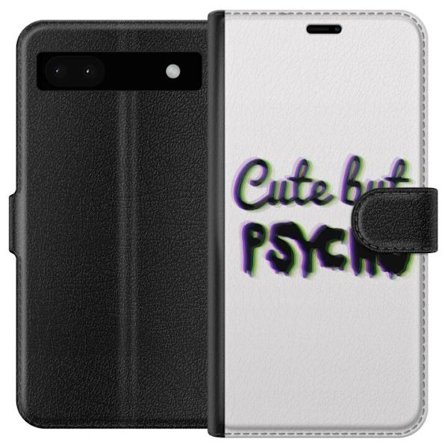 Kompatibel Tegnebogsetui til Google Pixel 6a Minimalistisk glitchtypografi med texten cute but psycho i neonliknande färgeffekt