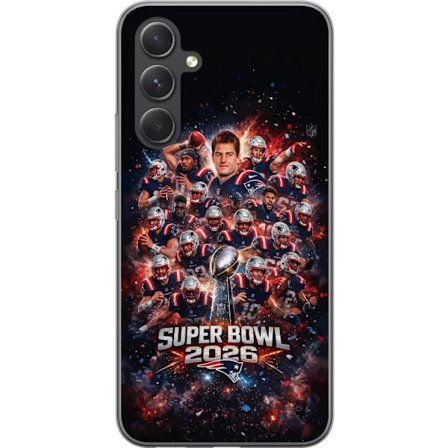 Yhteensopiva Puhelinkuori Samsung Galaxy S24+ Super Bowl 2026 juliste, jossa New England Patriots ja NFL-mestaruuspalkinto räjähtävän urheilullisessa