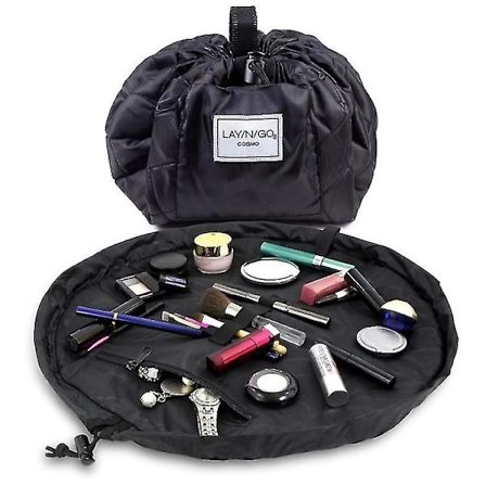 Kosmetik- og makeup-taske med snøre, toilettaske til rejser, gaver og daglig brug, 20 tommer, sort