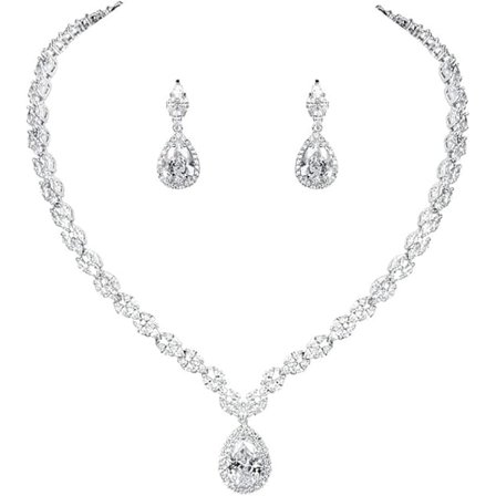 Vitguld/Guldpläterad Dam Cubic Zirconia CZ Markis Droppformad Bröllops Tennis Halsband och Hängande Örhängen Set för Brudar[qb]