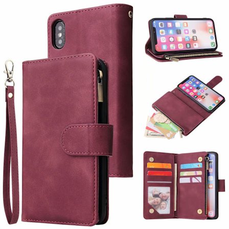 Yhteensopiva iPhone 7 Plus / 8 Plus -puhelinkoteloiden kanssa, magneettisella sulkimella varustettu vetoketjutasku, korttipaikat, ranneke, 